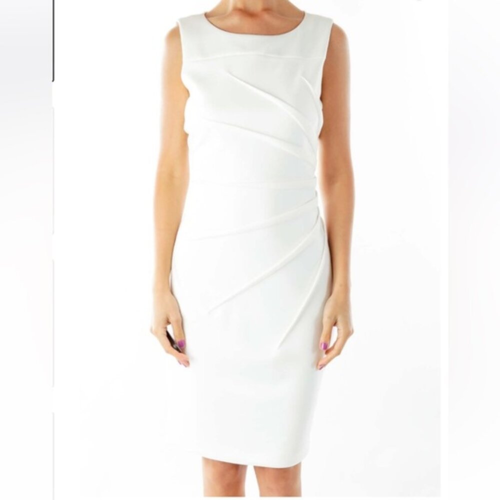 Calvin Klein Starburst Sheath Dress Size 6 White Scuba Knit Side Ruched Illusion